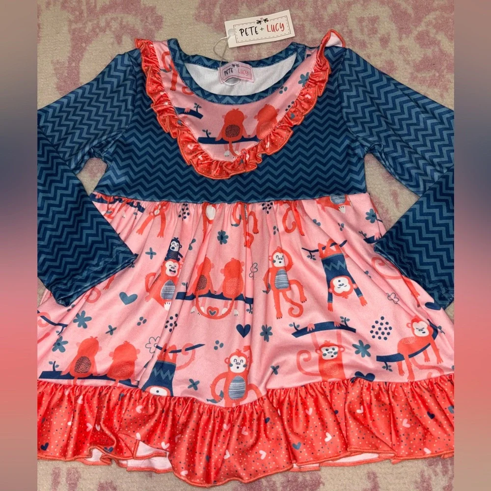 Pete + Lucy Navy Blue Chevron & Coral Monkey Ruffle Matching Set 3T Girls